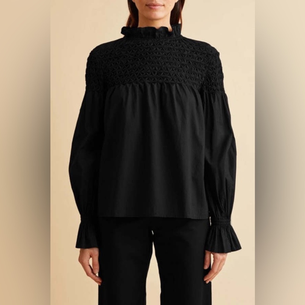 Anthropologie Maeve Pin Tuck Smocked Peasant Blouse Black